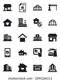 Set of vector isolated black icon - barrier vector, airport building, factory, greenhouse, hospital, warehouse storage, house, with garage, estate document, sold signboard, office, sweet home