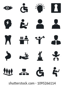 Set of vector isolated black icon - dispatcher vector, female, baby, pedestal, team, brainstorm, disabled, stomach, tooth, eye, client, user, manager desk, palm sproute, shining head, hierarchy