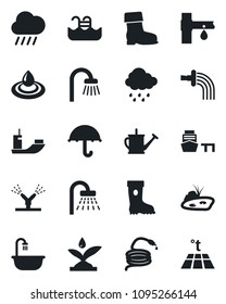 Set of vector isolated black icon - shower vector, watering can, boot, rain, hose, drip irrigation, sea shipping, port, umbrella, pond, pool, bathroom, water, warm floor
