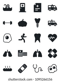 Set of vector isolated black icon - medical room vector, pumpkin, heart pulse, diagnosis, stethoscope, patch, ambulance car, barbell, run, lungs, tooth, implant, hospital, pool, bread, omelette