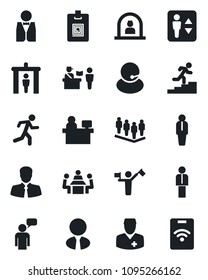 Set of vector isolated black icon - dispatcher vector, passport control, security gate, elevator, reception, manager, speaking man, team, place, run, doctor, support, client, identity card, meeting