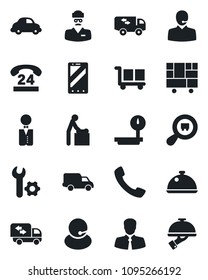 Set of vector isolated black icon - baby room vector, mobile phone, doctor, 24 hours, support, client, car delivery, consolidated cargo, heavy scales, search, call, root setup, moving, waiter, dish