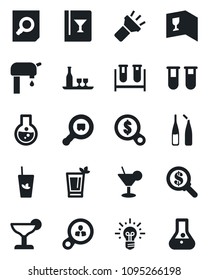 Set of vector isolated black icon - document search vector, blood test vial, ampoule, cargo, torch, water supply, alcohol, wine card, cocktail, phyto bar, consumer, money, idea, flask