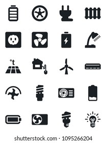Set of vector isolated black icon - ripper vector, battery, low, desk lamp, air conditioner, home control, socket, power plug, fan, radiator, warm floor, energy saving bulb, windmill, idea