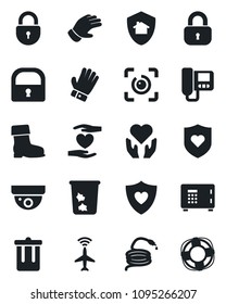 Set of vector isolated black icon - plane radar vector, trash bin, safe, lock, glove, boot, hose, heart shield, hand, eye id, intercome, home protect, surveillance, crisis management