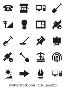 Set of vector isolated black icon - right arrow vector, presentation board, bulb, job, shovel, rake, well, satellite, brightness, fingerprint id, cellular signal, drawing pin, ink pen, plan, phone