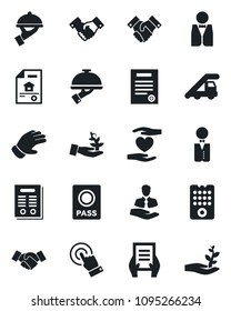 Set of vector isolated black icon - passport vector, ladder car, handshake, document, glove, heart hand, client, touch screen, contract, estate, waiter, remote control, palm sproute