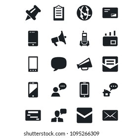 Set of vector isolated black icon - mobile phone vector, office, loudspeaker, network, cell, speaker, paper pin, mail, message, clipboard, home, schedule