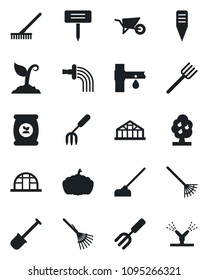 Set of vector isolated black icon - garden fork vector, shovel, farm, rake, wheelbarrow, watering, sproute, hoe, plant label, pumpkin, greenhouse, fertilizer, drip irrigation, fruit tree