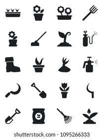 Set of vector isolated black icon - job vector, flower in pot, shovel, farm fork, rake, seedling, sproute, boot, hoe, sickle, garden sprayer, fertilizer, irrigation