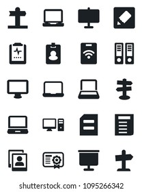 Set of vector isolated black icon - office binder vector, document, pulse clipboard, signpost, monitor, laptop pc, notes, photo gallery, presentation board, notebook, pass card, certificate