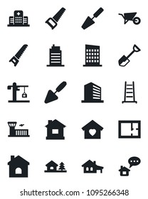 Set of vector isolated black icon - airport building vector, office, trowel, shovel, ladder, wheelbarrow, saw, house, hospital, with garage, tree, plan, sweet home, city, crane, message