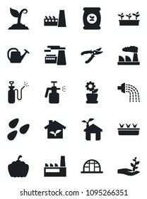 Set of vector isolated black icon - factory vector, watering can, sproute, pruner, seedling, pumpkin, greenhouse, seeds, garden sprayer, fertilizer, flower in pot, eco house, palm