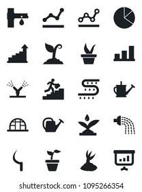 Set of vector isolated black icon - growth statistic vector, seedling, watering can, sproute, sickle, greenhouse, drip irrigation, bar graph, pie, point, career ladder, presentation