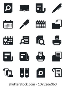 Set of vector isolated black icon - contract vector, book, document search, pen, calendar, printer, medical, folder, news