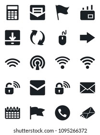 Set of vector isolated black icon - phone vector, right arrow, mail, mouse, calendar, update, download, wireless, calculator, lock, flag