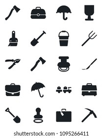 Set of vector isolated black icon - suitcase vector, umbrella, stamp, baggage larry, job, shovel, farm fork, bucket, pruner, axe, scalpel, fragile, themes, case, hard work