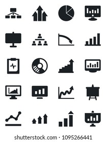 Set of vector isolated black icon - growth statistic vector, presentation board, monitor, circle chart, pulse clipboard, statistics, bar graph, pie, point, hierarchy, arrow up, crisis
