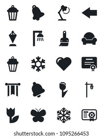 Set of vector isolated black icon - left arrow vector, pennant, butterfly, garden light, heart, tulip, themes, bell, desk lamp, cushioned furniture, snowflake, outdoor, pennon, certificate