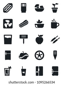 Set of vector isolated black icon - hot cup vector, seedling, plant label, diet, fridge, drink, phyto bar, salad, bacon, kebab, dog, apple fruit, fan
