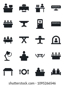 Set of vector isolated black icon - reception vector, medical room, meeting, manager place, picnic table, desk, lamp, restaurant, cafe, reserved, salt and pepper