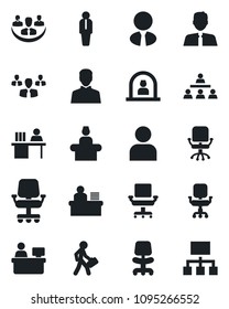 Set of vector isolated black icon - reception vector, manager, office chair, place, user, company, desk, hierarchy, estate agent, group