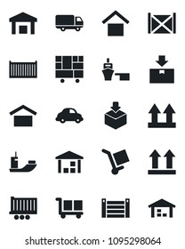 Set of vector isolated black icon - sea shipping vector, truck trailer, cargo container, car delivery, port, consolidated, warehouse storage, up side sign, package