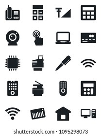 Set of vector isolated black icon - credit card vector, calculator, pen, barcode, touch screen, laptop pc, radio phone, wireless, cellular signal, copier, smart home, chip, remote control