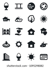 Set of vector isolated black icon - sun vector, luggage storage, office building, tree, heart hand, film frame, network, house with garage, pond, sweet home, smart, egg stand, water, calendar