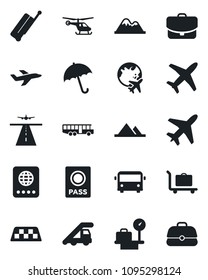 Set of vector isolated black icon - plane vector, runway, taxi, suitcase, baggage trolley, airport bus, umbrella, passport, ladder car, helicopter, luggage scales, globe, mountains, case