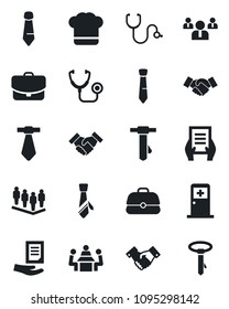 Set of vector isolated black icon - medical room vector, handshake, team, tie, document, stethoscope, meeting, cook hat, case