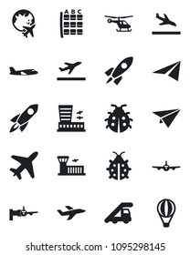Set of vector isolated black icon - plane vector, departure, arrival, ladder car, boarding, helicopter, seat map, globe, airport building, lady bug, rocket, paper, air balloon