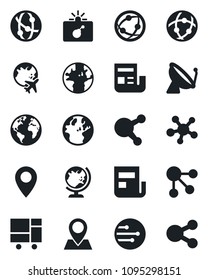 Set of vector isolated black icon - satellite antenna vector, bomb in case, globe, plane, earth, pin, consolidated cargo, network, share, news, social media