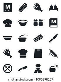 Set of vector isolated black icon - cook vector, cafe, hat, menu, bacon, salt and pepper, ham, bowl, rolling pin, cutting board, knife, steaming pan