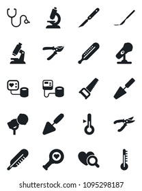 Set of vector isolated black icon - trowel vector, pruner, saw, stethoscope, blood pressure, thermometer, heart diagnostic, microscope, scalpel, microphone
