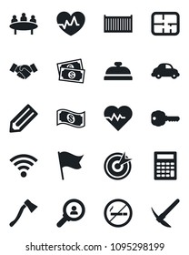 Set of vector isolated black icon - no smoking vector, handshake, meeting, pencil, axe, heart pulse, cash, cargo container, car delivery, wireless, plan, key, reception, target, consumer search