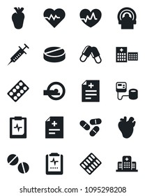 Set of vector isolated black icon - heart pulse vector, diagnosis, syringe, blood pressure, pills, blister, tomography, real, clipboard, hospital