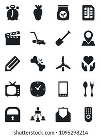 Set of vector isolated black icon - spoon and fork vector, alarm clock, pencil, shovel, lawn mower, fertilizer, heart hand, real, broken bone, pin, clapboard, tv, mail, mobile, sim, lock, hierarchy