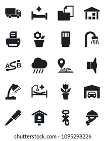 Set Of Vector Isolated Black Icon - Pen Vector, Printer, Flower In Pot, Rain, Bird House, Hospital Bed, Navigation, Car Delivery, Folder Document, No Hook, Warehouse, Route, Speaker, Desk Lamp