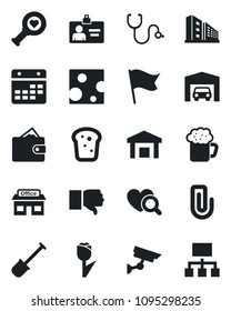 Set of vector isolated black icon - identity card vector, shovel, stethoscope, heart diagnostic, store, tulip, warehouse, finger down, calendar, paper clip, garage, office building, beer, bread