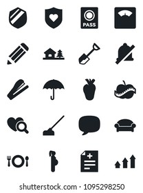 Set of vector isolated black icon - waiting area vector, passport, pencil, shovel, hoe, diagnosis, heart diagnostic, scales, shield, real, diet, pregnancy, umbrella, message, mute, stapler, cafe