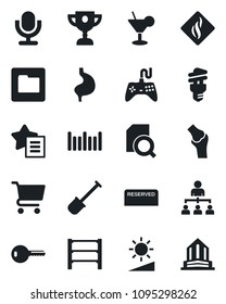 Set of vector isolated black icon - hierarchy vector, shovel, stomach, joint, barcode, rack, gamepad, microphone, favorites list, folder, brightness, document search, key, reserved, cocktail, cart