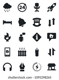 Set of vector isolated black icon - 24 around vector, bed, speaking man, fire, rain, headphones, bell, data exchange, charge, ink pen, office chair, children room, heater, candle, home control app