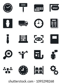 Set of vector isolated black icon - dispatcher vector, male, luggage storage, speaking man, abacus, plant label, car delivery, clock, term, search cargo, news, copybook, tie, contract, sale, group