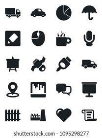 Set of vector isolated black icon - mouse vector, presentation board, fence, heart, satellite, car delivery, umbrella, microphone, dialog, hdmi, scanner, notes, place tag, pie graph, factory, coffee