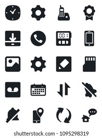 Set of vector isolated black icon - phone vector, mobile, tracking, term, radio, update, gallery, settings, clock, stopwatch, record, sd, notes, data exchange, download, mute, sertificate