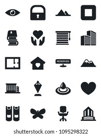 Set of vector isolated black icon - book vector, pennant, butterfly, heart, hand, eye, stop button, lock, office building, chair, mountains, plan, sweet home, reserved, water, jalousie