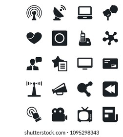 Set of vector isolated black icon - satellite antenna vector, microphone, loudspeaker, tv, touch screen, speaker, monitor, laptop pc, radio phone, share, favorites list, heart, mail, rewind, record