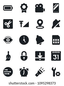 Set of vector isolated black icon - mobile vector, themes, clock, alarm, bell, sim, network, calendar, download, torch, mute, cut, place tag, lock, eye id, video, cellular signal, battery