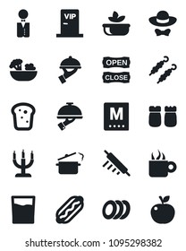 Set of vector isolated black icon - waiter vector, menu, drink, coffee, salad, plates, salt and pepper, bread, candle, vip zone, dress code, open close, kebab, hot dog, rolling pin, steaming pan